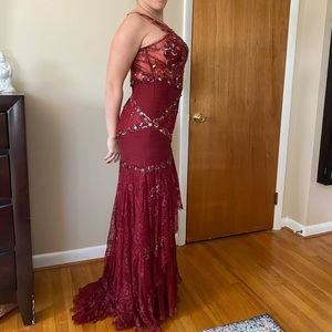 Burgundy sequence, beads and lace evening gown.